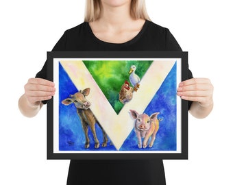 Vegan Flag Art, Vegan Theme Wall Decor, Vegan Artwork, Framed Print, Gift for Vegan, Animal Lover, Animal Rights Art, Farm Animal Art