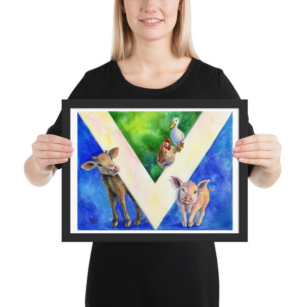 Vegan Flag Art, Vegan Theme Wall Decor, Vegan Artwork, Framed Print, Gift for Vegan, Animal Lover, Animal Rights Art, Farm Animal Art