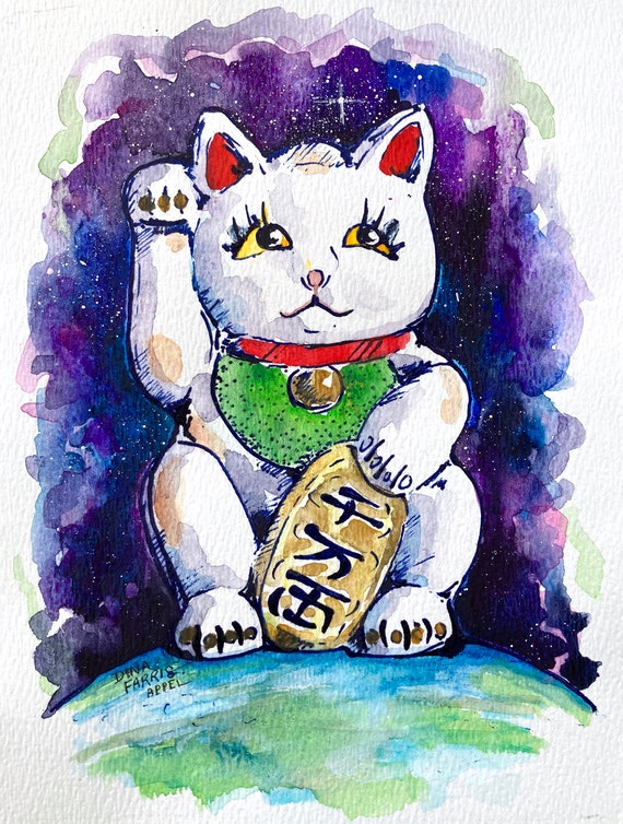 Lucky Cat Painting Kids Room Art Maneki Neko Watercolor Painting One of A Kind Cute Animal Art Beckoning Cat Lucky Cat Art