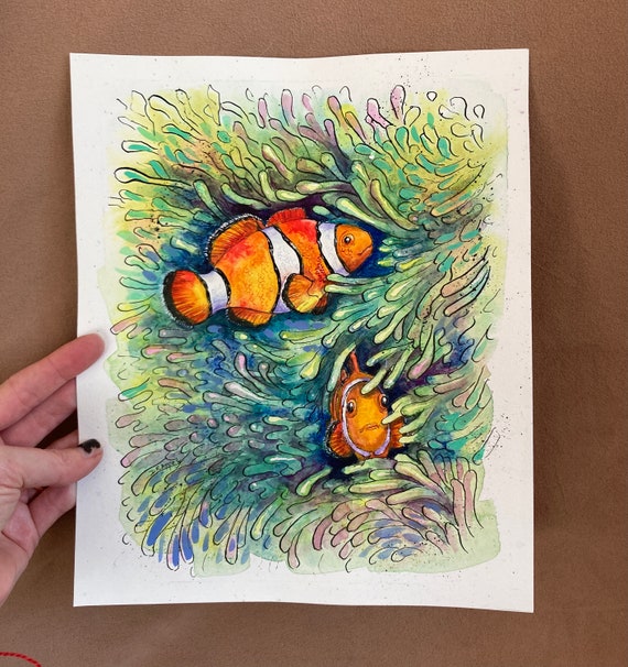 Clown Fish Watercolor Painting Clown Fish In Anemone Art Etsy