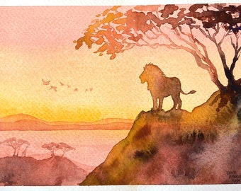 Original Watercolor Lion Painting: African Sunset Art (5x7)