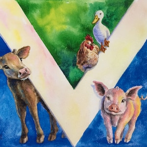 May include: A watercolor painting of a cow, pig, rooster, and duck. The animals are painted in a realistic style and are set against a background of green grass and a blue sky. The animals are all looking at the viewer.