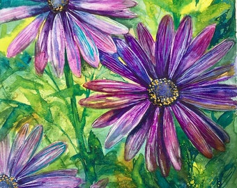 Daisy Watercolor Painting,  Purple Floral Watercolor, Colorful Flower Painting, Original, One of A Kind, Floral Art, Lime Green, Chartreuse
