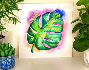 Praying Mantis Watercolor Painting, Monstera Leaf Watercolor, Original One of A Kind Painting on Paper, Colorful Tropical Plant Painting