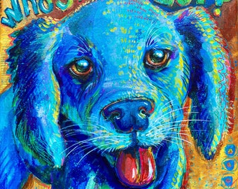 Colorful Dog Art, Whimsical Dog Painting // ORiGINAL ART // NOT A PRiNT // Acrylic Painting on Canvas, Gift For Dog Lover, Fun Animal, Blue