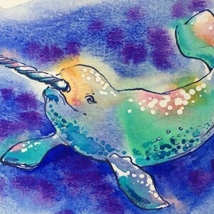 Narwhal Watercolor Painting, Narwhal Art // NOT a PRINT // Colorful, Whimsical Cute Animal, Babies Room Decor, Kids Room Art, Marine