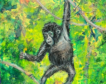 Gorilla Art, Gorilla Painting // One of A Kind Painting on Wood Panel // NOT A PRINT//  Cute Baby Animal, Ape, Rainforest Animals