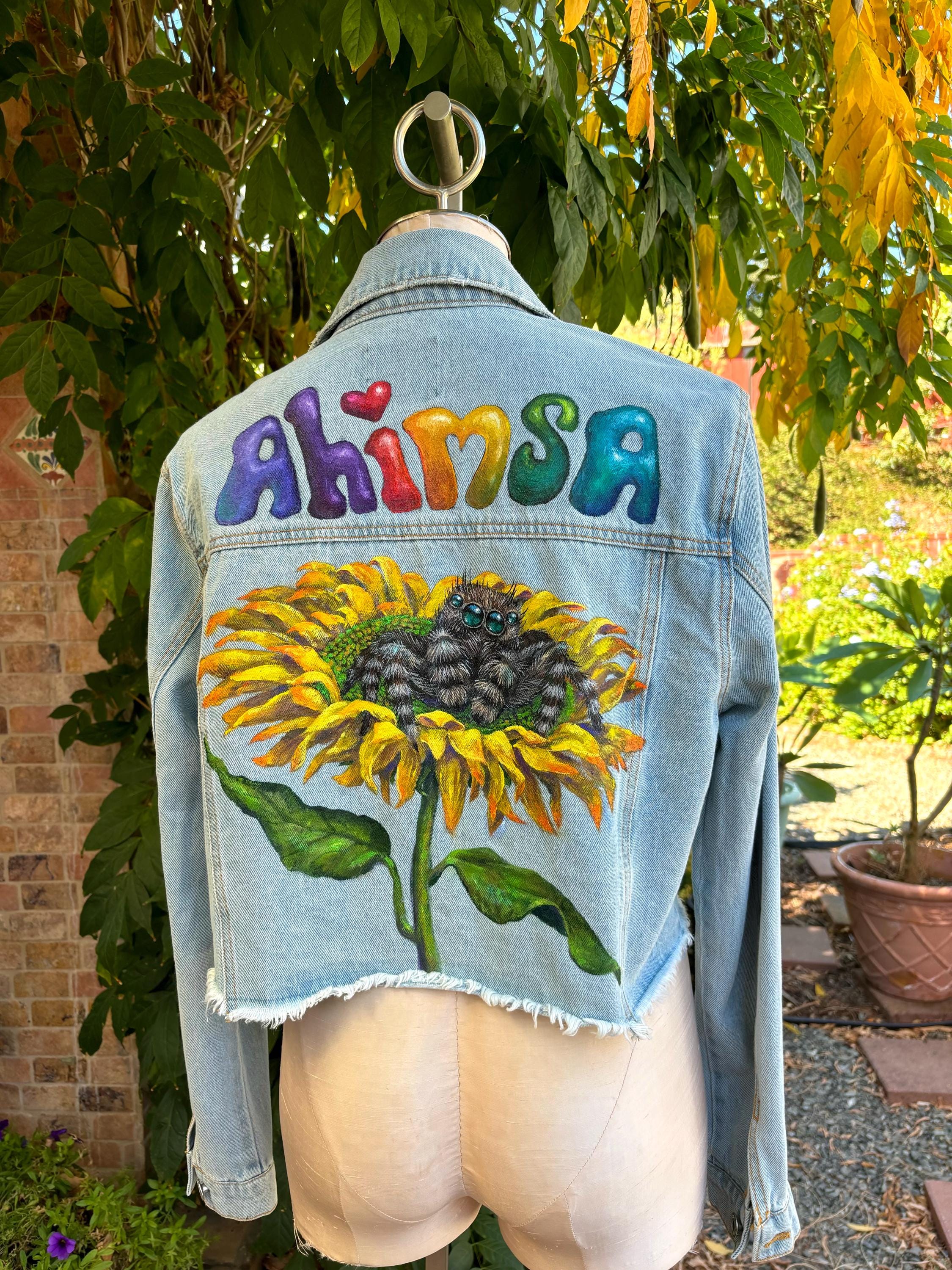 Hand-painted Jumping Spider Denim Jacket: Sunflower Art, Cropped