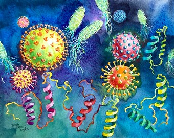 Medical Science Watercolor Painting, Biomedical Illustration, One Of A Kind Painting, Whimsical Colorful Science Art, Gift for Doctor, MD