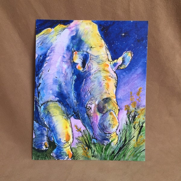 Animal Art, Rhino Art Print, Rhino Art, Rhino Painting, Sudan Northern White Rhinoceros, 8 x 10 Print Ready to Frame, Endangered