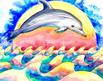 Dolphin Watercolor Painting, Beach Decor, Ocean Animal Artwork, ORIGINAL One of A Kind Painting, Jumping Dolphin, Ocean Animal, Marine Life
