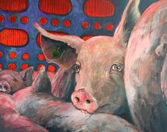 Vegan Art, Animal Rights Art, Pig Painting, Original One of a Kind Painting on Canvas, Animal Liberation, Save Movement, Pig Save,