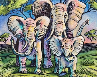 Original Elephant Watercolor Painting, African Wildlife Art