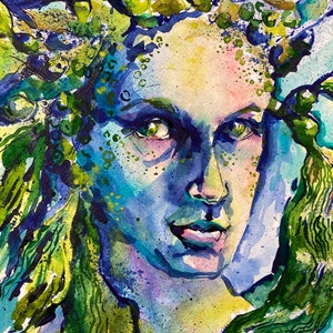 Watercolor Mermaid Painting // ORiGINAL PAINTING // NOT A PRiNT // Siren, Dark Mermaid, Dark Mermaid Decor, Goddess, Green Witch
