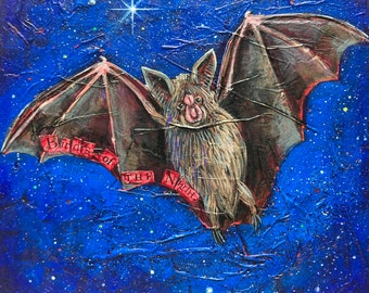 Bat Painting, Bat Art // One of A Kind Painting on Wood Panel / NOT A PRINT// Asian Elephant, Safari Animals, Wildlife Art