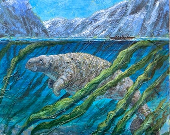 Stellers Sea Cow Painting, Extinct Animal Art // One of A Kind Painting on Wood Panel // NOT A PRINT// Sea Cow, Manatee,