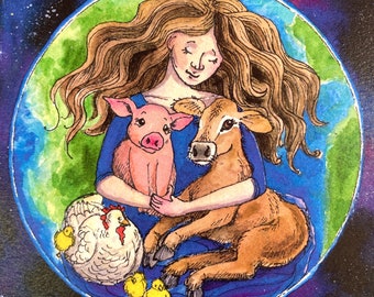 Mother Nature Art, Animal Lover Art, Vegan Art Print, Animal Rights Art PRINT,  Vegan Gift, Gift For Animal Lover, Gift for Vegan