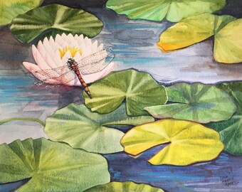 Original Dragonfly Watercolor Painting, Lily Pad Zen Art (11x14)