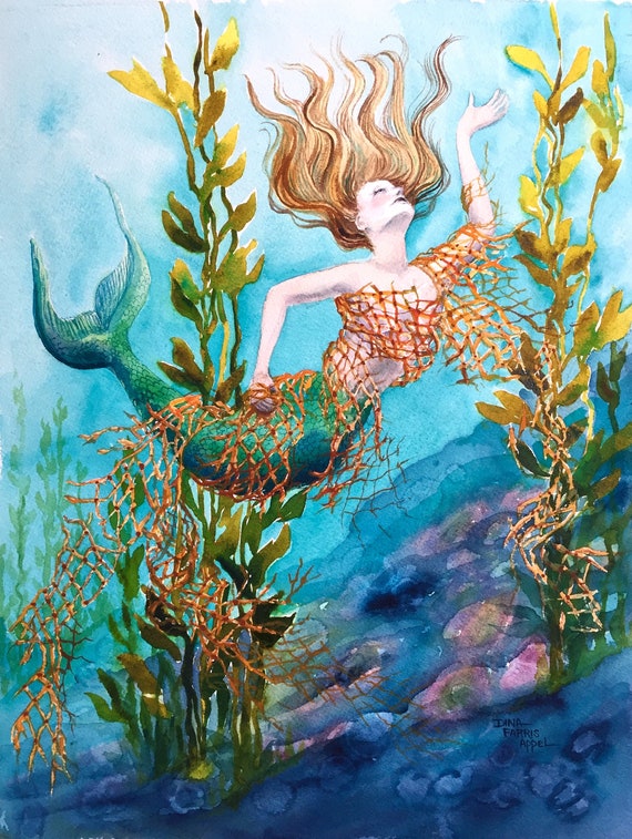 Watercolor Mermaid Art Print, Mermaid Art, PRINT, Mermaid Watercolor  Painting, Mermaid in Fishing Net, Ghost Net, Marine Conservation Art -   Canada
