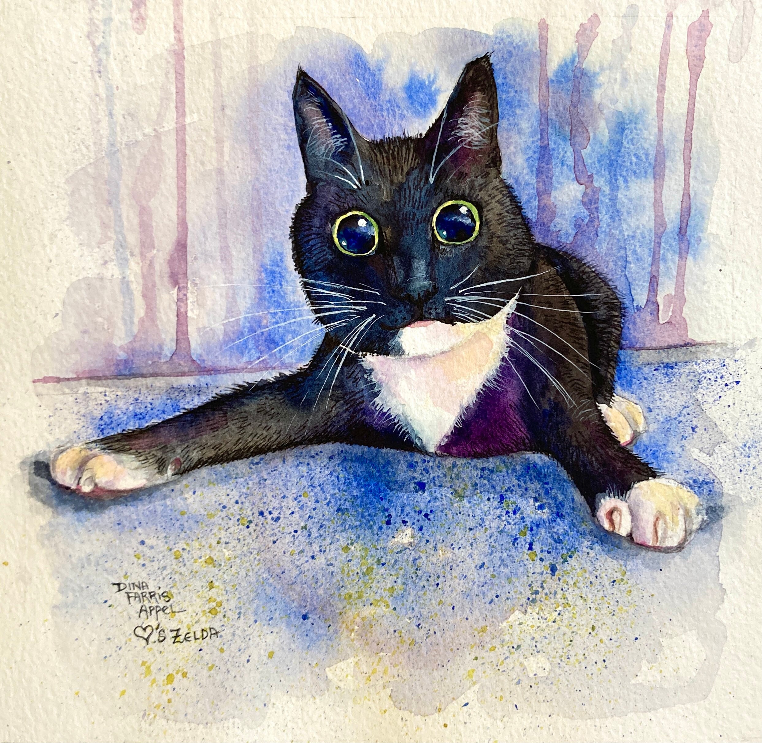 Black and White Tuxedo Cat Art Print Sepia Watercolor Painting by Artist DJR 