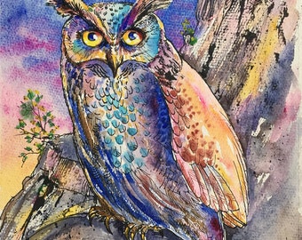 Owl Watercolor Painting, Owl Art, Colorful, Original Painting on Paper, Animal Art, Bird Art, Spirit Animal, Wildlife Art