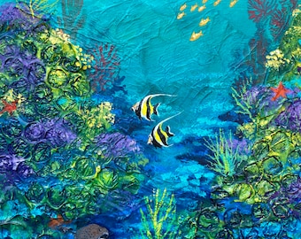 Coral Reef Painting, Tropical Fish Art // One of A Kind Painting on Wood Panel // NOT A PRINT// Ocean Art, Underwater Art, Undersea, Marine