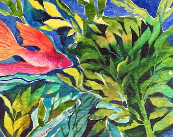 Betta Fish Watercolor Painting, Original Undersea Art (5x7)