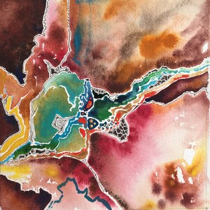 Abstract Painting, Abstract Art, Watercolor, Original Painting, Colorful, Brown, Red, Rust, Turquoise, Earth Tones,  Small, Square, 8 x 8