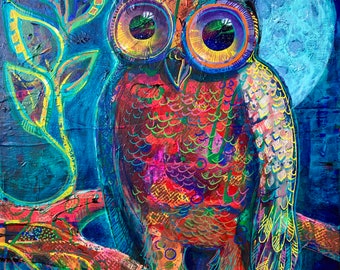 Owl Art, Owl Painting on Canvas, Original Owl Wall Art,  Colorful Animal Art, Abstract Wildlife, Black Light Art, Forestcore, Full Moon Art