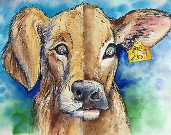 Vegan Theme Watercolor Painting, Animal Rights Art, // NOT A PRINT // One of a Kind, Dog and Cow Face, 269, Gift for Vegan, Animal Lover