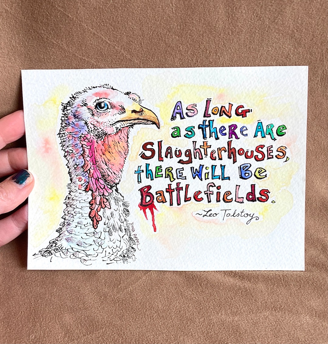 Vegan Watercolor Painting, Vegan Art, Animal Rights Art, Tolstoy Quote