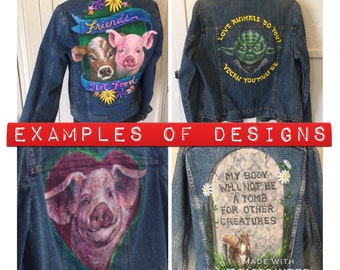 Custom Hand Painted Denim Jacket, Hand Painted Jeans Jacket, Vegan Jacket, Vegan Art, Custom Denim, Painted Denim, Vegan Activism Clothing