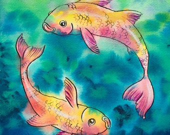 Koi Fish Watercolor Painting, Koi Fish Art, Gift for Pisces, // NOT A PRINT // Sea Creature, Ocean Animal, Kids Room art, Babies Room