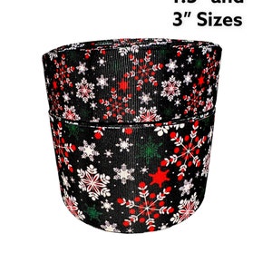 1.5" or 3" Wide Red and Green Winter Snowflakes on Printed on Black Grosgrain Hair Bow Ribbon
