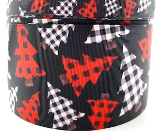 Buffalo Plaid Christmas Tree Ribbon on Black Grosgrain (3 Yard Increments)