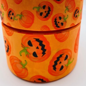 1.5" or 3" Wide Orange Halloween Smiling Pumpkin Collage Printed Grosgrain Cheer Bow Hair Bow Ribbon