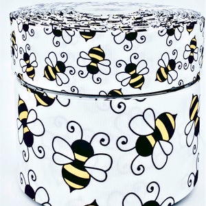 3 inch or 1.5 inch Wide Bumble Bees on White Printed Grosgrain Cheer Hair Bow Ribbon