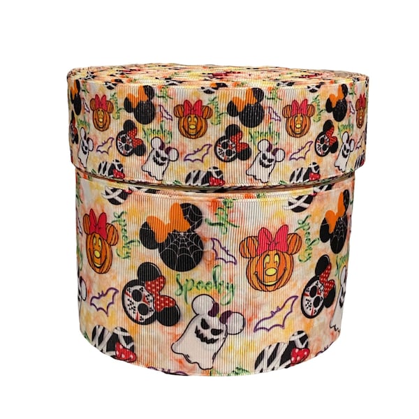 1.5" and 3" Wide Mickey and Minnie Spooky Halloween Collage Printed Grosgrain Cheer Bow Hair Bow Ribbon