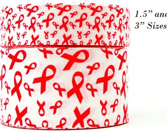 1.5" or 3" Wide White with Bright Pink Breast Cancer Awareness Ribbons Printed Grosgrain Cheer Bow Ribbon