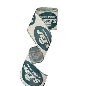 May include: A white and green ribbon with the New York Jets logo repeated. The logo is a green circle with the words "New York Jets" in white text and a white football inside the circle.