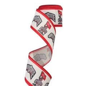 May include: A roll of white ribbon with a red border and repeating graphic design. The design includes a stylized bird holding a flag and the text "ACTION". The ribbon is curled and displayed against a white background.