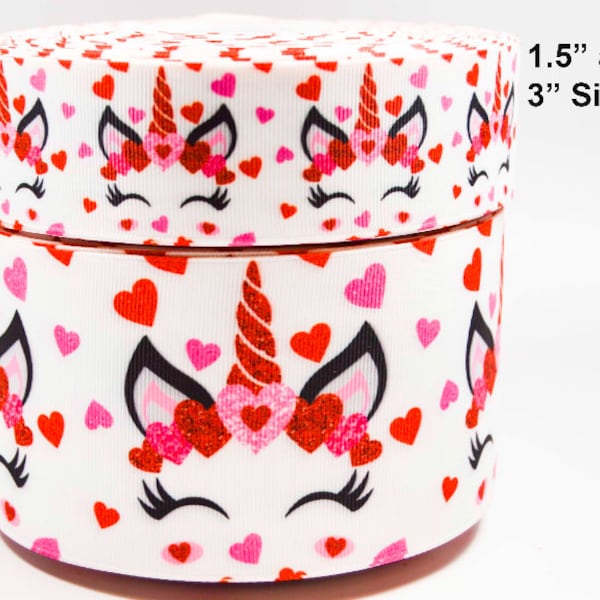 3" and 1.5" Wide Valentine Unicorns and Hearts Printed Grosgrain Hair Bow Ribbon