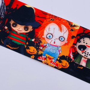 1.5&quot; and 3&quot; Wide Red Halloween Scary Monster Cartoons with Chucky and Freddie Printed Grosgrain Cheer Bow Hair Bow Ribbon