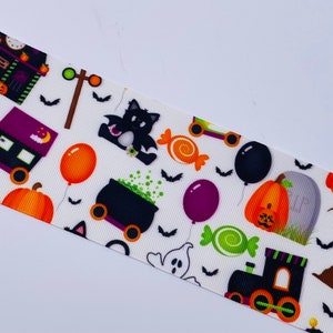 1.5&quot; or 3&quot; Wide White Halloween Things Collage Printed Grosgrain Cheer Bow Hair Bow Ribbon
