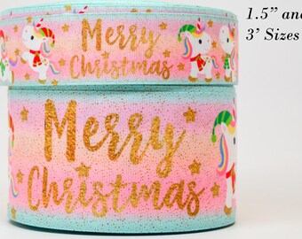 1.5 inch or 3 inch Wide Pastel  Christmas Unicorn Printed Grosgrain Cheer Bow Ribbon (sold in 3 yard increments)