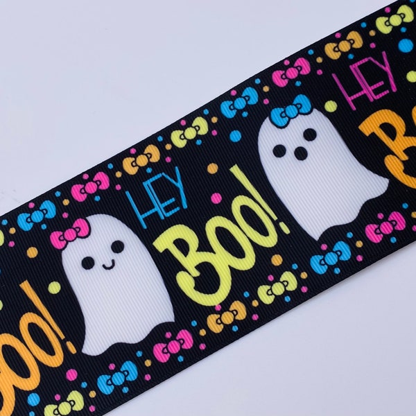 1.5" and 3" Wide Black Halloween Hey BOO Ghosts and Neon Words Printed Grosgrain Cheer Bow Hair Bow Ribbon