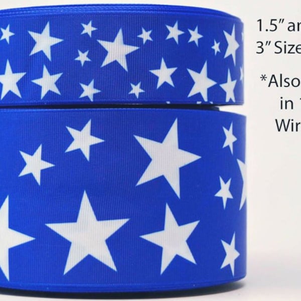 1.5" or 3" Wide White Stars on Blue Printed on Grosgrain Cheer Bow Ribbon