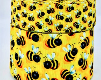 1.5" and 3" Wide Bumble Bees on Yellow Printed Grosgrain Cheer Hair Bow Ribbon