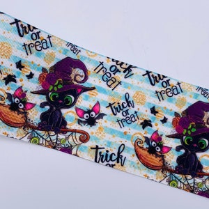 1.5&quot; or 3&quot; Wide Witchy Black Cats on Light Teal Stripes Printed Grosgrain Cheer Bow Hair Bow Ribbon