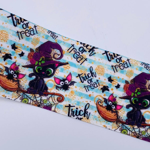 1.5" or 3" Wide Witchy Black Cats on Light Teal Stripes Printed Grosgrain Cheer Bow Hair Bow Ribbon